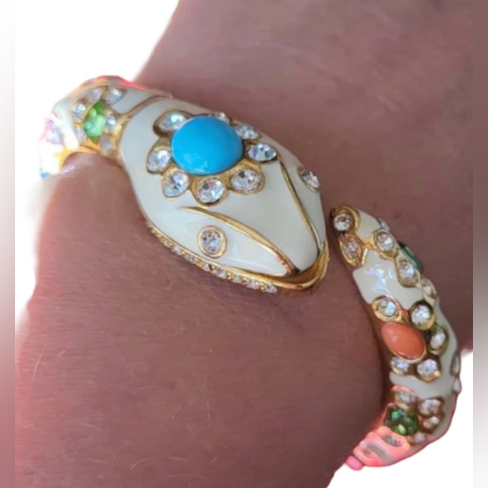 Kenneth Jay Lane Enamel Cabochon and Crystal Snake Cuff Bracelet - Picture 1 of 13